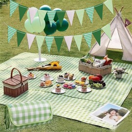 Golf Party Decorations/Picnic Party Decor/Green Checkered Paper Triangle Banner, Golf-Theme Birthday Decorations,Checkered Bunting for BBQ Outdoor