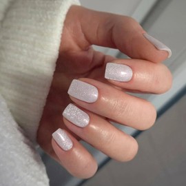 White Cat Eye False Nails Glitter, SXVME Press on Nails Short Square, Sparkly Shiny Fake Nails With Design, Cute Bling Short Coffin Stick on Nails for Women Party Holiday Wear, 30 Pcs