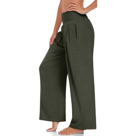TARSE Womens Summer Linen Palazzo Pants Boho High Waisted Wide Leg Casual Long Lounge Pant Trousers with Pockets(ArmyGreen,M)
