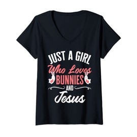 Womens Just A Girl Who Loves Bunnies And Jesus Bunny Easter Rabbit V-Neck T-Shirt