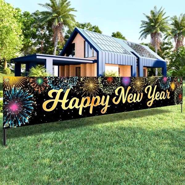 KatchOn, XtraLarge Happy New Year Yard Sign - 120x20 Inch | Happy New Year Banner, Happy New Year Decorations 2024 | Happy New Years Yard Banner, NYE Decorations 2024 | New Years Eve Party Supplies