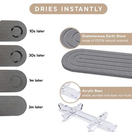 Water Absorbing Stone Tray - Eco-Friendly Diatomaceous Earth Drying Stone for Kitchen and Bathroom - Mold-free with Acrylic Base - Fast Absorbing, Non-Slip, and Minimalist Design, Gray