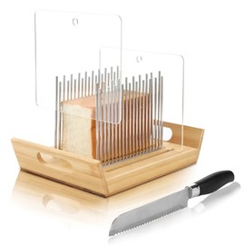 KHINYA Bread Slicer - Bread Slicer for Homemade Bread, Boat-shaped Bread Tray for Sourdough Rounds, Adjustable Stainless Steel Bread Slicing Guide with Free Bread Knife