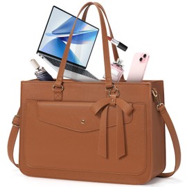 RAINSMORE Laptop Bag for Women 15.6 Inch Work Tote Bags Leather Laptop Tote Waterproof Computer Bag Professional Office Business Briefcase Large Handbag for College Teacher Travel, Brown