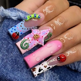 Handmade Press on Nails Long Square False Nails 3D Pink Starfish Caterpillar & Coccinellidae Fake Nails Designs French Tip Acrylic Full Cover Stick on Nails for Women DIY Nail Art 24 Pcs