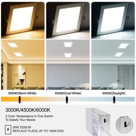 LZHOME 4-Packs 11 inch Square Recessed Light: 3 Color Temperature Selectable & Dimmable Lamp, 2200 Lumens Ultra Thin Led Canless Downlight Lighting with Junction Box, 26W Eqv 230W