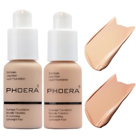2 Pack PHOERA Foundation 102# Nude and 103# Warm Peach,Soft Matte Oil Control Liquid Foundation.