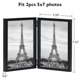 JCJMY 5x7 Double Picture Frame Set of 2 Hinged Folding Vertical Stand on Tabletop, Wood Two Openings 5x7 Double Photo Frame Collage with Shatter Resistant Plexiglass, 2 Pack, Black