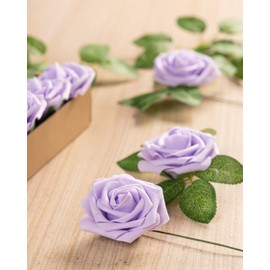 DuHouse 25Pcs Artificial Roses Flowers Fake Roses with Stems Real Touch Foam Flowers for DIY Wedding Bouquet Baby Shower Centerpiece Floral Arrangement Party Home Decor(Lilac)