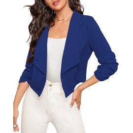 NIUBIA Blazer corto casual para mujer, manga 3/4, tela recortado, para oficina, negocios, frente abierto, chaquetas, Azul / Patchwork, XL