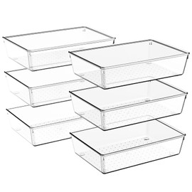 Kriovoa Desk Drawer Organiser, 6 Pack Large Kitchen Acrylic Drawer Organiser Set, Fridge Organiser Clear Plastic Storage Boxes Divider For Utensils, Makeup, Bedroom, Office.