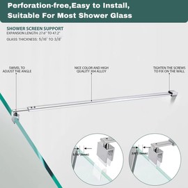 Shower Door Support Bar Arm Glass Door Fixed Panel for 5/16" to 3/8" Thick Glass, Wall to Bathroom Frameless Shower Fixed Panel 27.6'' to 47.2'' Support Arm for Shower