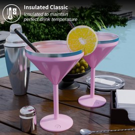 vaanshie 8 oz. Vacuum Sealed Martini Glass - Stainless Steel Martini Glass, Insulated Tumbler with Straws, Olive Pins, Straw Cleaner, Insulated Glass for Travelling | Drinkware (Pink)