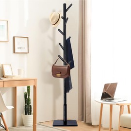 YheenLf Coat Rack Freestanding with Stable Square Base for Cloathes, Hat, Used in Bedroom, Office and Entryway, Sturdy and Easy Assembly Coat Tree with 3 Adjustable Sizes and 8 Hooks, Black