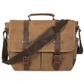 Vintage Genuine Leather Waxed Canvas Briefcase Large Satchel Shoulder Bag Rugged Computer 15.6" Laptop Bag (Brown)