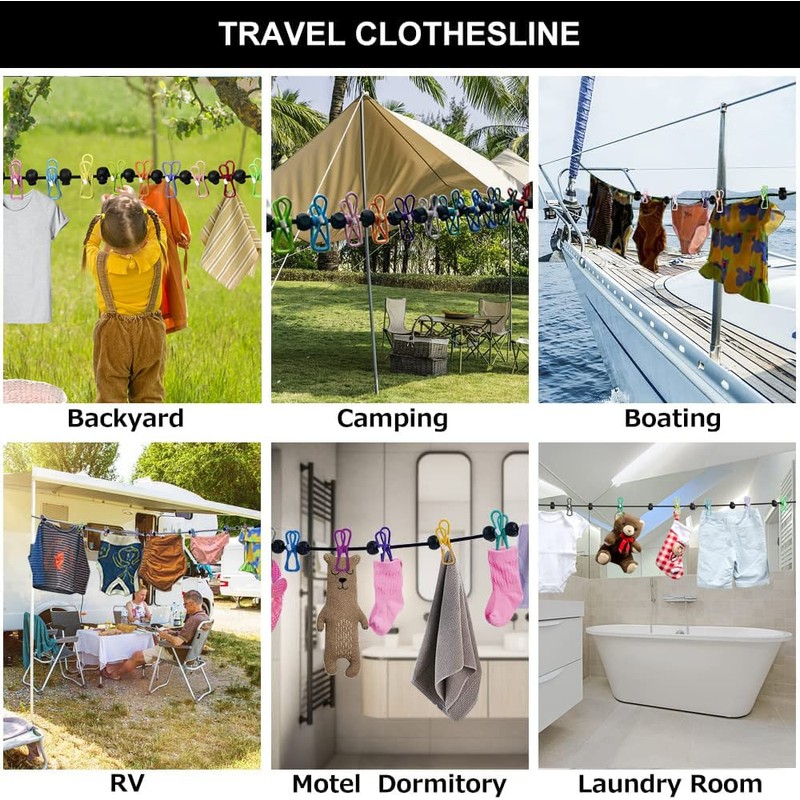 Clothesline，Retractable Portable Clothesline for Travel，Clothing line with 12 Clothes Clips，for