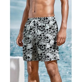 METRONS Mens Swim Trunks Men's Casual Novelty Swimwear Shorts Beachwear Board Shorts with Pocket Drawstring,Skull,Medium