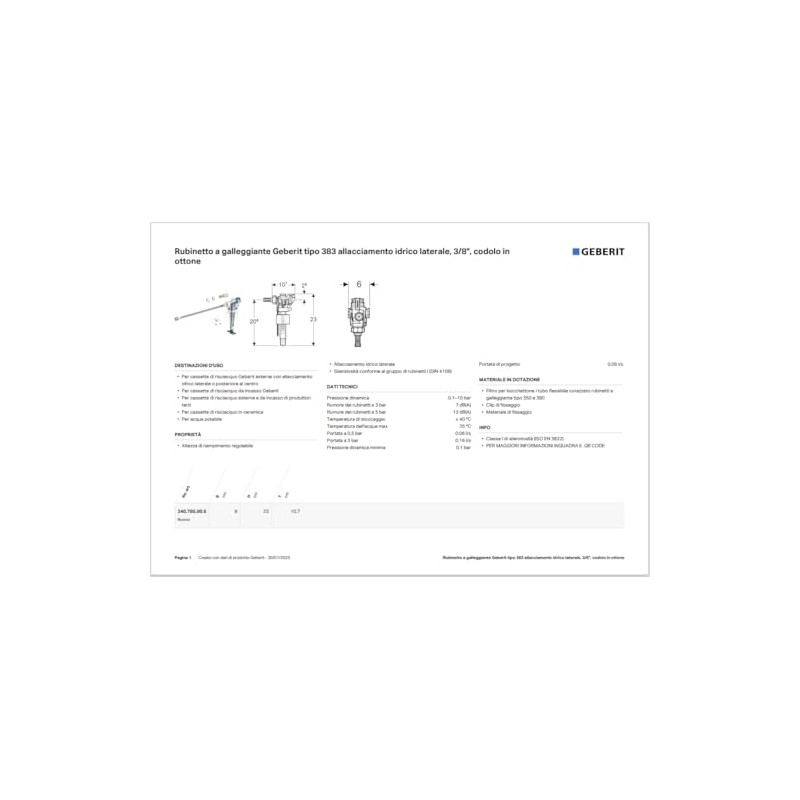 Geberit Float Tap Type 383 with Side Water Connection 3/8