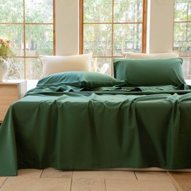 NUMWELL Linen Sheet Set Queen Size, Linen Cotton Blend Sheets Set 4pcs, 1 Flat Sheet, 1 Fitted Sheet & 2 Pillowcases, Cooling Breathable Farmhouse Bedding, Forest Green