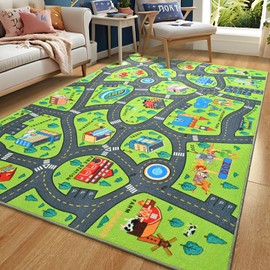 Merelax 3x5 Kids Car Rug Green Grey Area Rugs for Living Room Playroom Classroom Bedroom, Non Slip Kids Play mat Washable Rug, Educational City Traffic Road Map Fun Car Carpet for Ages 3-12