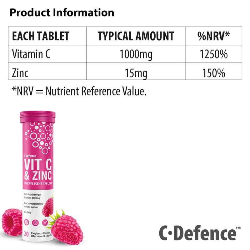 Vitamin C 1000mg & Zinc 15mg Raspberry Flavour Effervescent Tablets