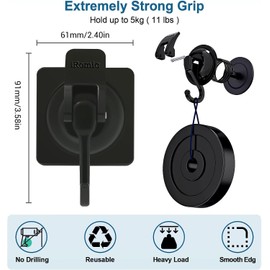 iRomic New Heavy Duty Vacuum Suction Cup Hook Organizer for Kitchen&Bathroom Accessories,Black.