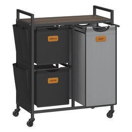 VASAGLE Laundry Hamper with 3 Compartments, 26.4 Gal. (100 L) Laundry Sorter, Rolling Laundry Cart with Shelves, Small Side Pockets, 6 Labels, Chestnut Brown, Ink Black and Dove Gray UBLH202B01