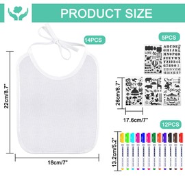 Zosenyer Baby Bibs, 14 White Bibs for Painting, 12 Coloured Pens for Children and 5 Colouring Pages, as a Gift for Boys and Girls as Baby Shower Decoration, White