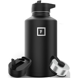 IRON °FLASK Camping & Hiking Hydration Flask with 3 Lids - Stainless Steel, Double Walled & Vacuum Insulated Water Bottle - Leak Proof & BPA Free (Midnight Black, Straw - 64 oz)