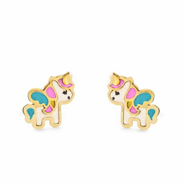 Women's & Children's Enamel Unicorn Stud Earrings - Yellow Gold