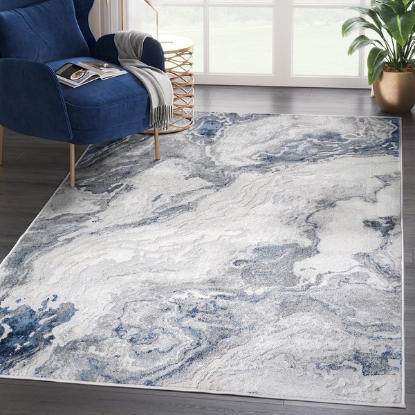 Abani Atlas 6'x9' Blue/Grey Area Rug, Abstract Marble - Durable