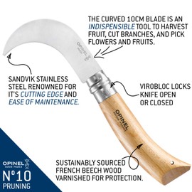 Opinel No. 10 Pruning Folding Knife - Stainless Steel for Pruning, Grafting, Orchards, Vineyards, and Gardening