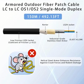150M/492FT LC to LC Armored Outdoor Fiber Optic Cable, Single Mode Duplex 9/125μm SMF Fiber Patch Cord, OS1/OS2 Compatible, Black LSZH Jacket, Uniboot Jumper for FTTH, Data Center, Long-Distance Use