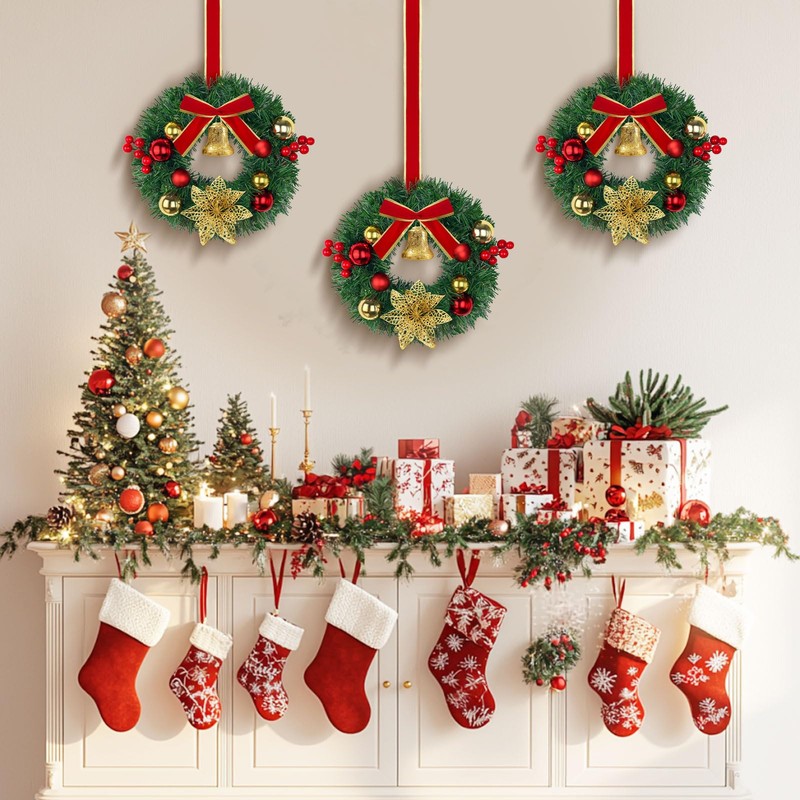 6 Pcs Mini Christmas Wreath with Bell, Berry, Flowers and