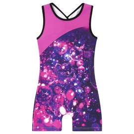 Kinberr Girls Gymnastics Leotard Purple Bubbles Unitard Biketards one Piece Quick Dry Sleeveless Dance Outfit for Training