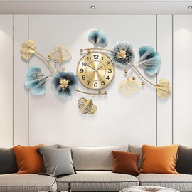 Axioglo Wall Clocks for Living Room Decor,Large Wall Clock,3D Creative Metal Ginkgo Leaf Design,with Silent Movement Wall Clocks for Home Wall Decor Clock（32"x18"）