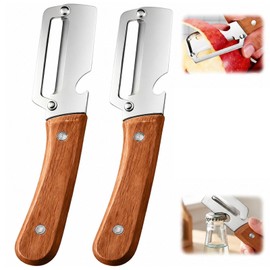 2 Pack Multifunctional Vegetable Peeler, Peelers for Kitchen with Bottle Opener, Zero Snag Wooden Peeler, 2 in 1 Stainless Steel Peeler with Wooden Handle, Potato, Fruit, Pumpkin