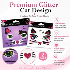 Cat Face Tattoo Stickers with Glitter Face Jewels, 2Pcs Cute Cat Self-adhesive Temporary Tattoo for Adult Kids Animal Makeup, Halloween, Cosplay Party Decoration Supplies