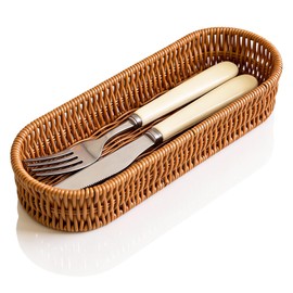Dealpoli Wicker Storage Basket, Rattan Baskets for Storage, Hand-Woven Wicker Flatware Silverware Holder, Countertop Small, for Party Kitchen Table Spoon Knives Fork Flatware Snack Basket Brown(DP060)
