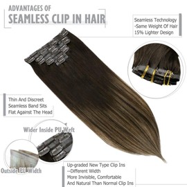 Full Shine Clip in Hair Extensions 22Inch Seamless Hair Extensions Clip in Human Hair Ombre Color 2 Fading to 8 Highlight 2 Dark Brown 8 Pcs 120 Gram Human Hair Clip in Extensions
