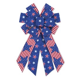 Large Patriotic 4th of July Bow for Wreath, Blue Star Patriotic Wreath Bow for 4th of July Décor Stripe Red Blue Burlap Patriotic Wreath Bow for Front Door Outdoor Wall Patriotic Decoration Ornament