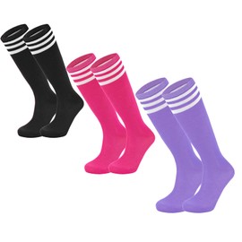 Durio Youth Baseball Socks Toddler Kids Soccer Socks Soft Cotton Long Socks for Girls Boys Kids Baseball Socks Black&Peach Pink&Light Purple White Stripe 10-12 Years