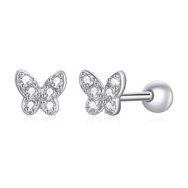 BISAER 925 Sterling Silver Tiny Butterfly Earrings With Screw Back Cubic Zirconia Stud Earrings for Women Cartilage Jewelry