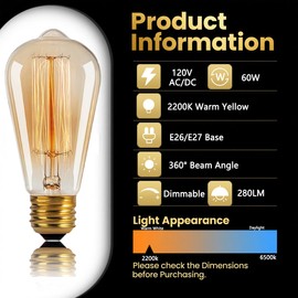 Kellarosses ST64 Incandescent Edison Bulbs 60W 6-Pack, 2200K Warm Amber Glow, E26/E27 Dual Base, Dimmable Vintage Light – 360° Hand-Wound Filament, 2500Hrs Lifespan, Indoor/Outdoor