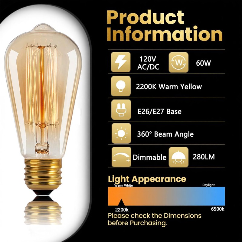 Kellarosses ST64 Incandescent Edison Bulbs 60W 6-Pack, 2200K Warm Amber