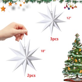 JINXIAN Pack of 5 Folding Stars Christmas Paper White Set Paper Stars Diameter 30 cm Diameter 45 cm with 9 Points Paper Stars for Decoration Branch for Hanging Party Birthday Table Christmas