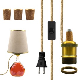 Lamp Kits for Do it Yourself, Brass Bottle Lamp Kit, Gold Bottle Lamp Adaptor Kit with 240cm Plug in Cord, E26 Wine Bottle Table Lamp Holder,Ceramic Lamp Socket, 3 Sizes of Stoppers in, No Drilling