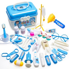 Doctor Playset Medical Kit Contains Children's Injections, Lighted play stethoscope for kids, dentist kit for kids 3-5 pretend play(30PCS) (blue doctor kit)