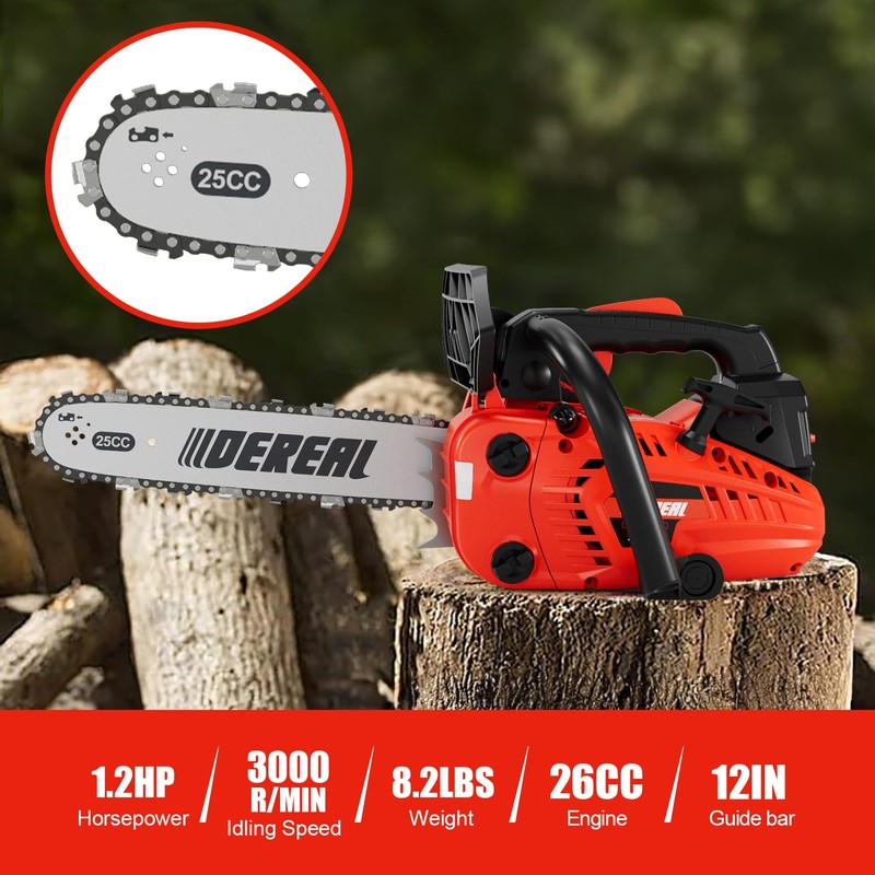 12 Inch Gas Chainsaw, 25.4CC 2-Stroke Top Handle Gas Powered