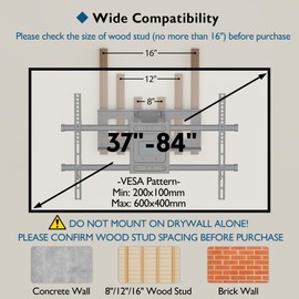 BONTEC Full Motion TV Wall Mount for 37-84 Inch TVs, Hold up to 132lbs, Max VESA 600x400mm, Swivel Tilt Dual Arms, Adjustable Viewing Angle, Fits 16" Wood Studs, Easy Assembly, CT135B